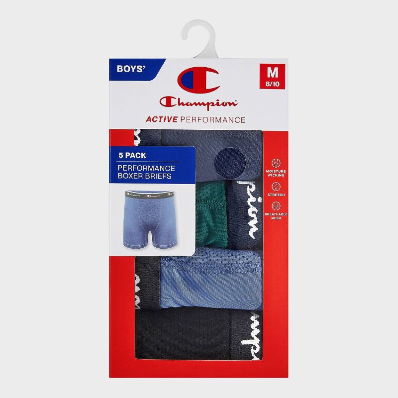 slide 2 of 4, Champion Boys' 5pk Wicking Active Performance Boxer Briefs - Green/Navy Blue M, 5 ct