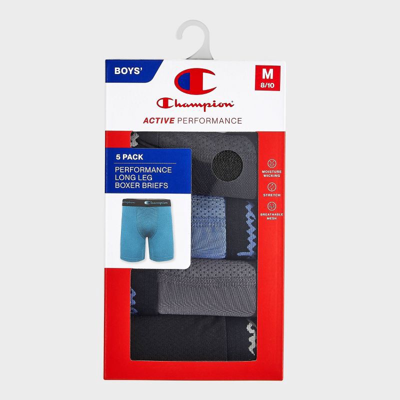 slide 2 of 4, Champion Boys' 5pk Wicking Long Leg Active Performance Boxer Briefs - Gray M, 5 ct