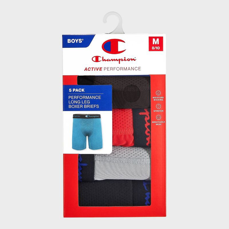 slide 2 of 4, Champion Boys' 5pk Wicking Long Leg Active Performance Boxer Briefs - Blue L, 5 ct
