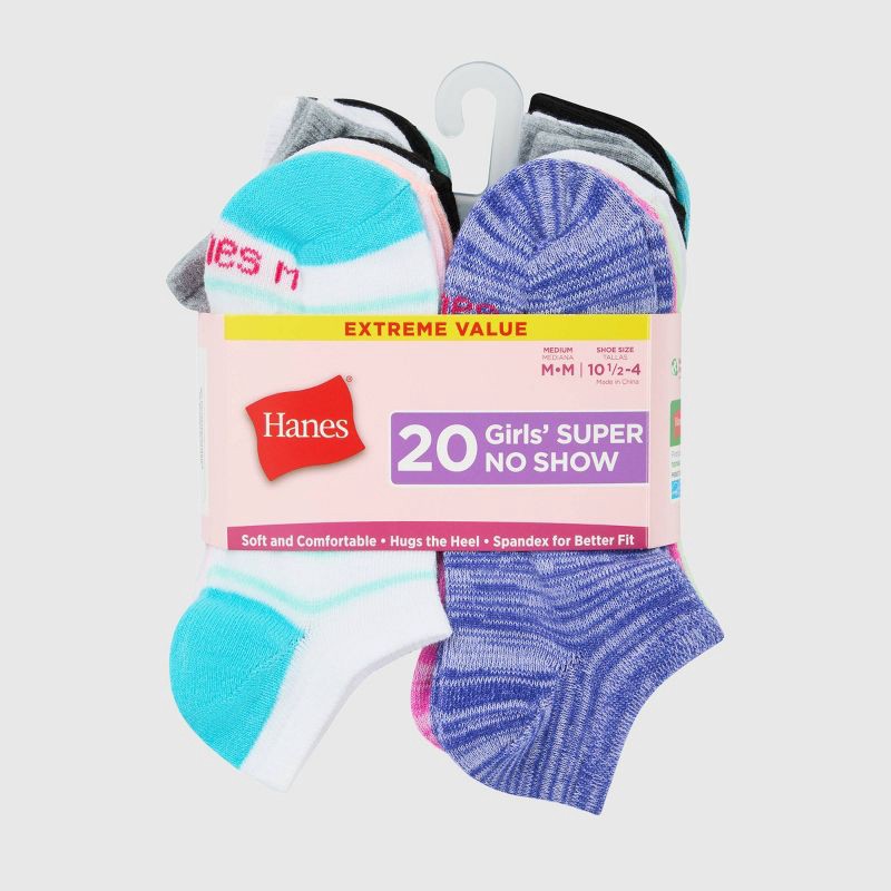 slide 2 of 5, Hanes Girls' 20pk Super Soft No Show Socks - L, 20 ct