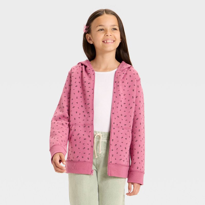 slide 1 of 3, Girls' Fleece Floral Hooded Zip-Up Sweatshirt - Cat & Jack™ Pink Rose S, 1 ct