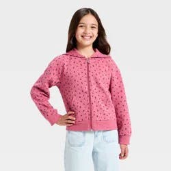 Girls' Fleece Floral Hooded Zip-Up Sweatshirt - Cat & Jack™ Pink Rose M