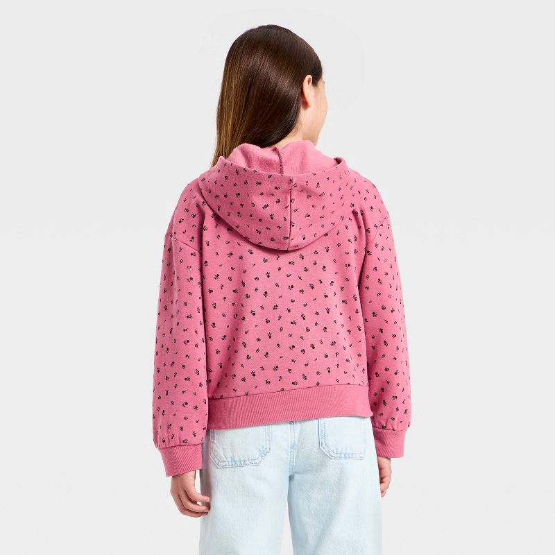 slide 2 of 3, Girls' Fleece Floral Hooded Zip-Up Sweatshirt - Cat & Jack™ Pink Rose XL, 1 ct