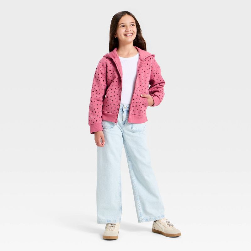 slide 3 of 3, Girls' Fleece Floral Hooded Zip-Up Sweatshirt - Cat & Jack™ Pink Rose XL, 1 ct
