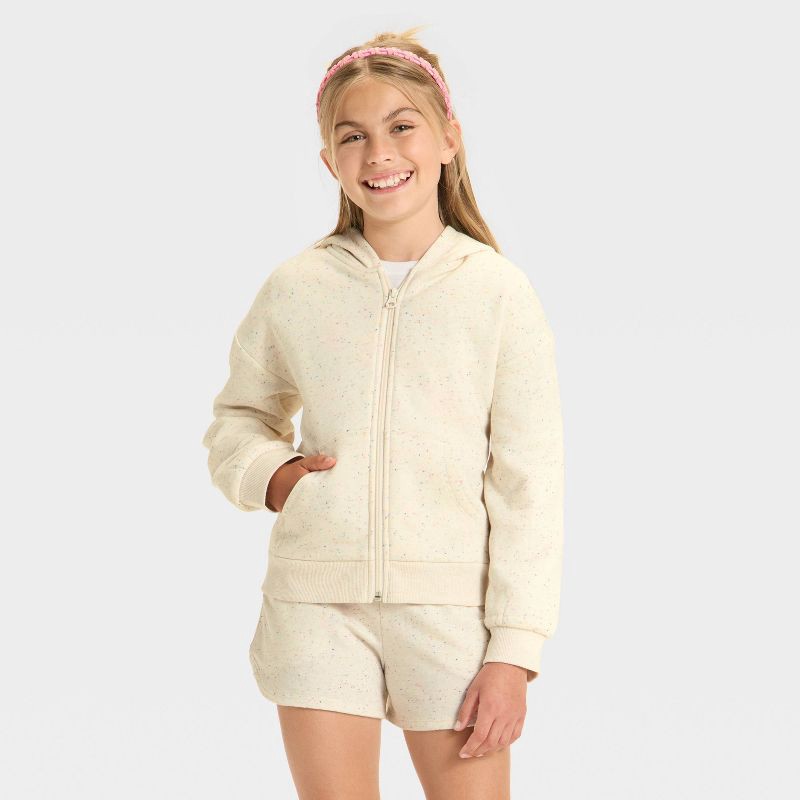slide 1 of 3, Girls' Fleece Polka Dots Hooded Zip-Up Sweatshirt - Cat & Jack™ Cream M, 1 ct