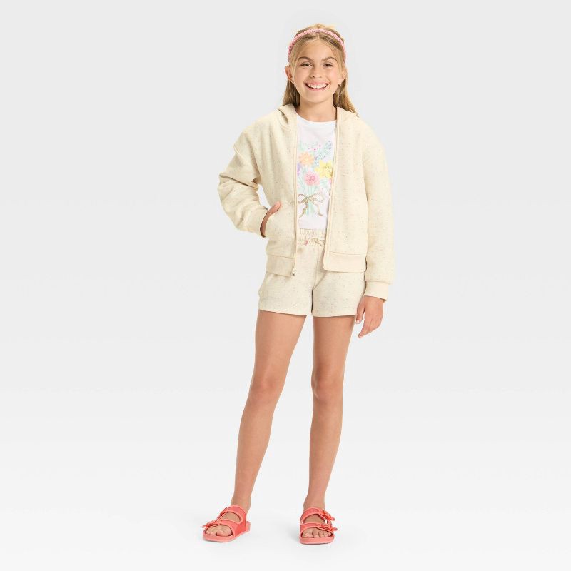 slide 3 of 3, Girls' Fleece Polka Dots Hooded Zip-Up Sweatshirt - Cat & Jack™ Cream XL, 1 ct