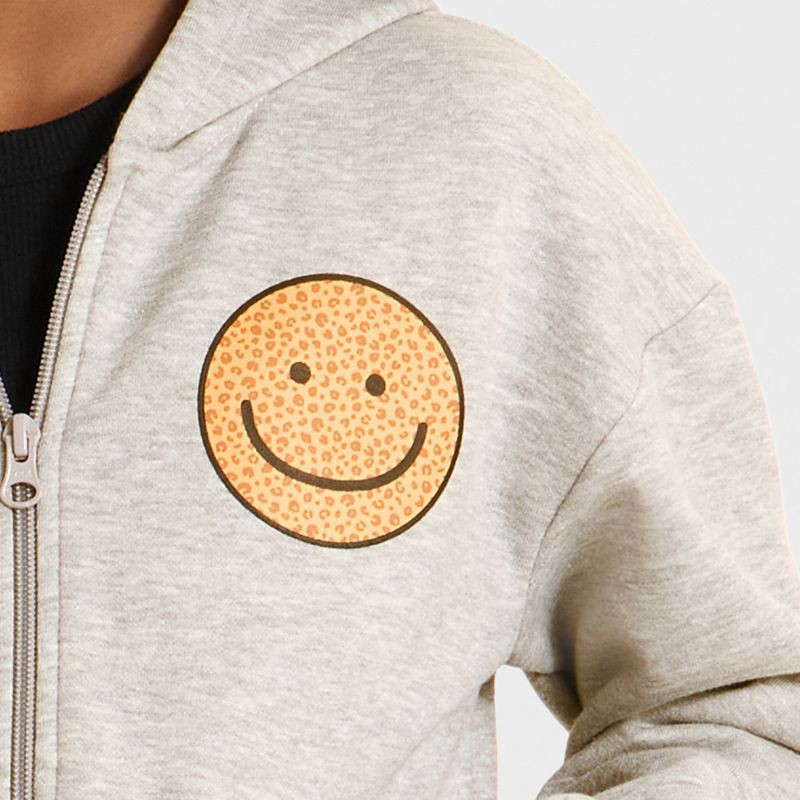 slide 3 of 4, Girls' Fleece Smiley Hooded Zip-Up Sweatshirt - Cat & Jack™ Heather Gray M, 1 ct