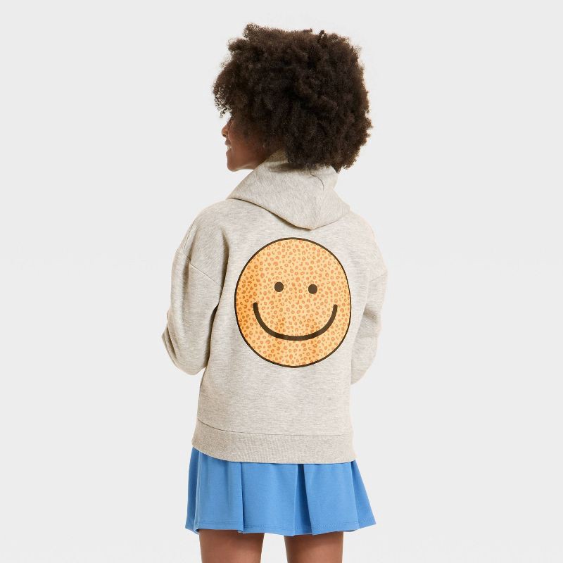slide 2 of 4, Girls' Fleece Smiley Hooded Zip-Up Sweatshirt - Cat & Jack™ Heather Gray M, 1 ct
