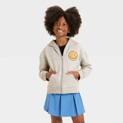 Girls' Fleece Smiley Hooded Zip-Up Sweatshirt - Cat & Jack™ Heather Gray M