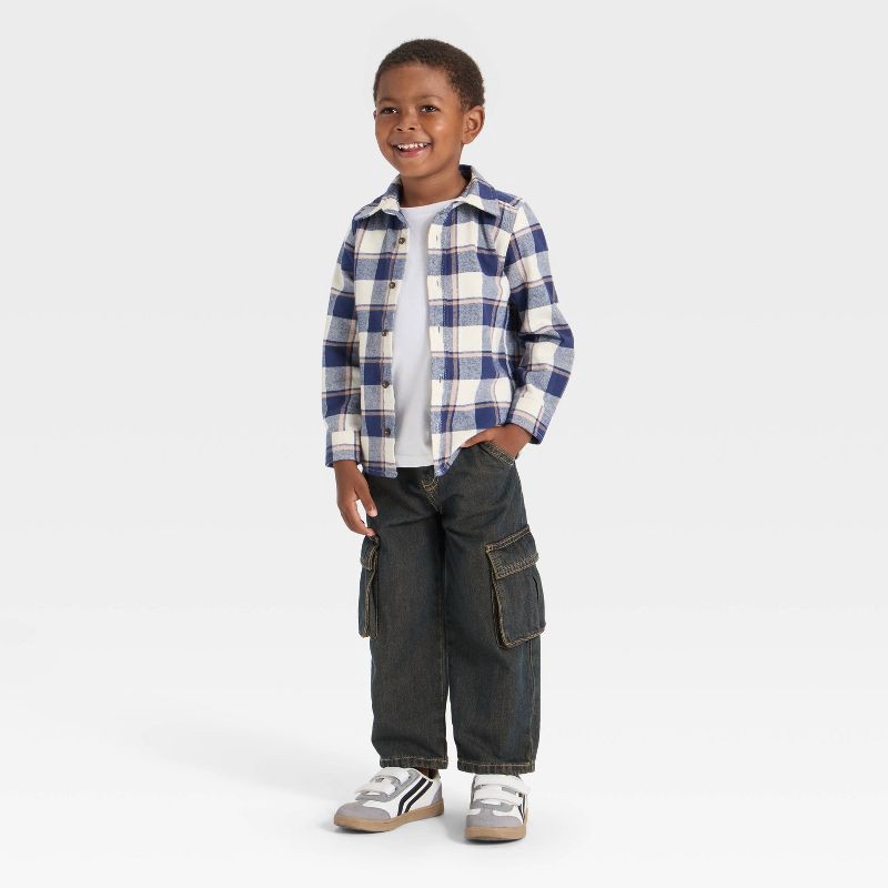 slide 3 of 4, OshKosh B'gosh Toddler Boys' Long Sleeve Plaid Shirt - Navy Blue 4T, 1 ct
