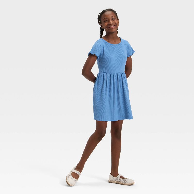 slide 3 of 3, Girls' Short Sleeve Ribbed Dress - Cat & Jack™ Steel Blue S, 1 ct