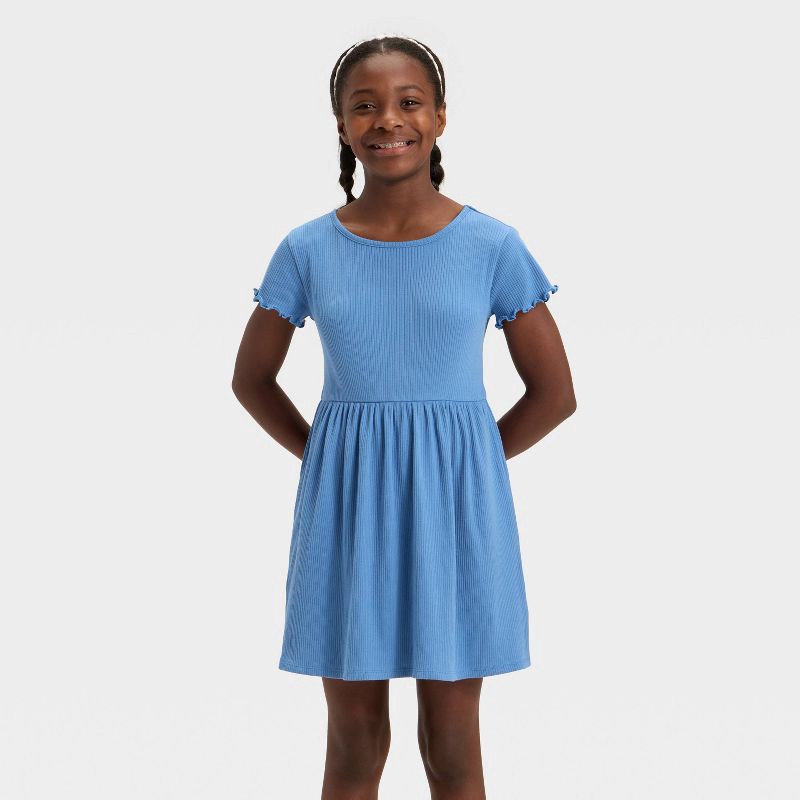 slide 1 of 3, Girls' Short Sleeve Ribbed Dress - Cat & Jack™ Steel Blue S, 1 ct