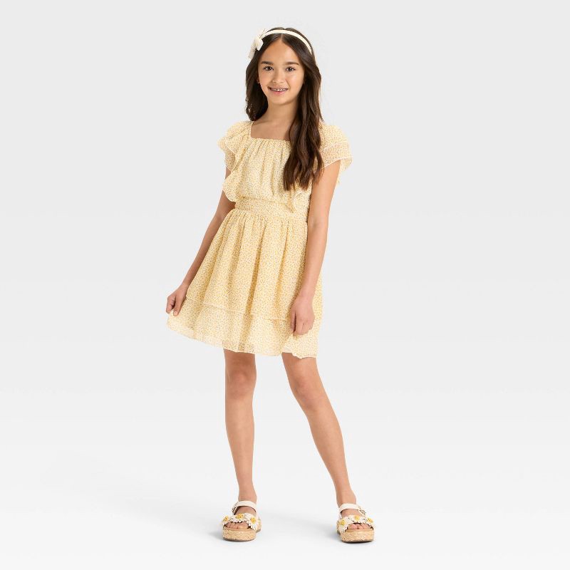 slide 2 of 3, Girls' Floral Tiered Chiffon Dress - Cat & Jack™ Cream L, 1 ct