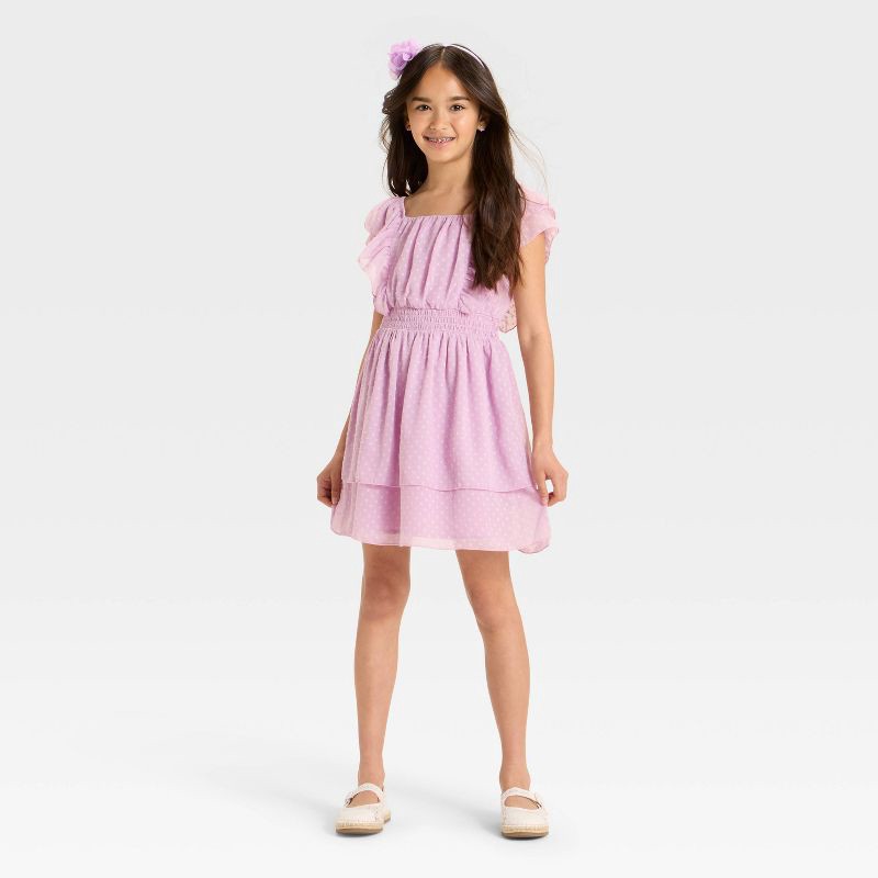 slide 2 of 3, Girls' Floral Tiered Clip-Dot Chiffon Dress - Cat & Jack™ Lavender S, 1 ct