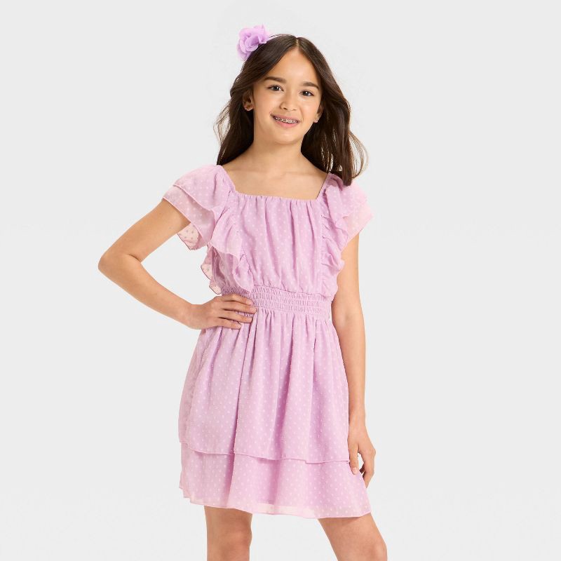slide 1 of 3, Girls' Floral Tiered Clip-Dot Chiffon Dress - Cat & Jack™ Lavender S, 1 ct