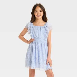 Girls' Floral Tiered Chiffon Dress - Cat & Jack™ Light Blue S