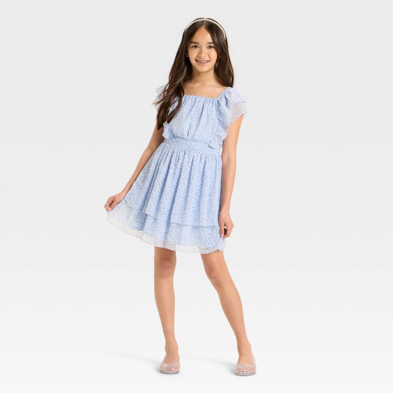 slide 2 of 3, Girls' Floral Tiered Chiffon Dress - Cat & Jack™ Light Blue XL, 1 ct