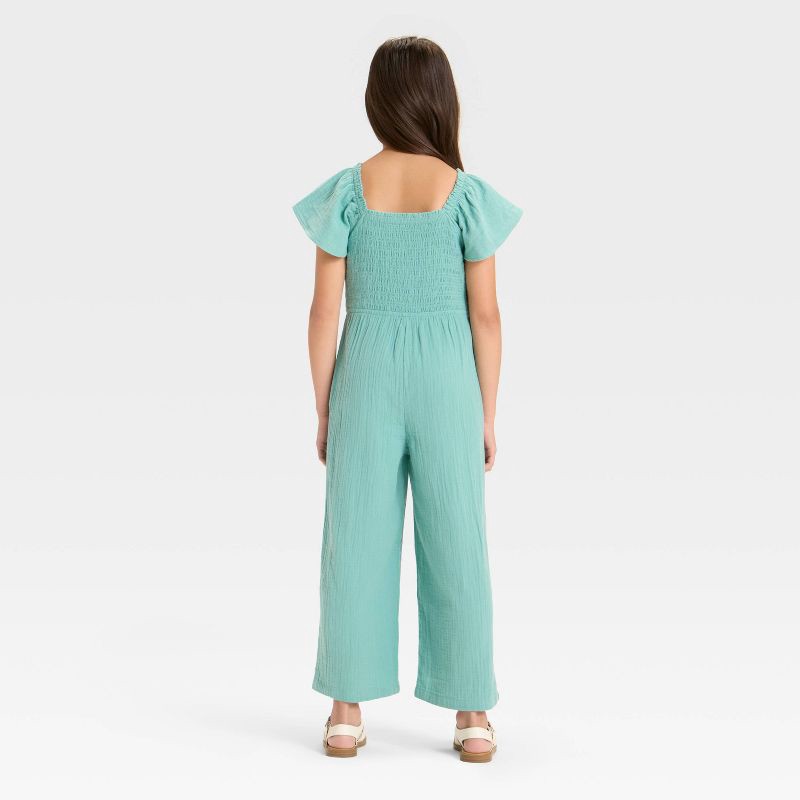 slide 2 of 3, Girls' Flutter Sleeve Smocked Jumpsuit - Cat & Jack™ Ocean Green S, 1 ct