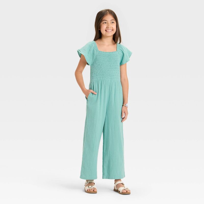 slide 3 of 3, Girls' Flutter Sleeve Smocked Jumpsuit - Cat & Jack™ Ocean Green S, 1 ct