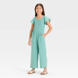 Girls' Flutter Sleeve Smocked Jumpsuit - Cat & Jack™ Ocean Green S