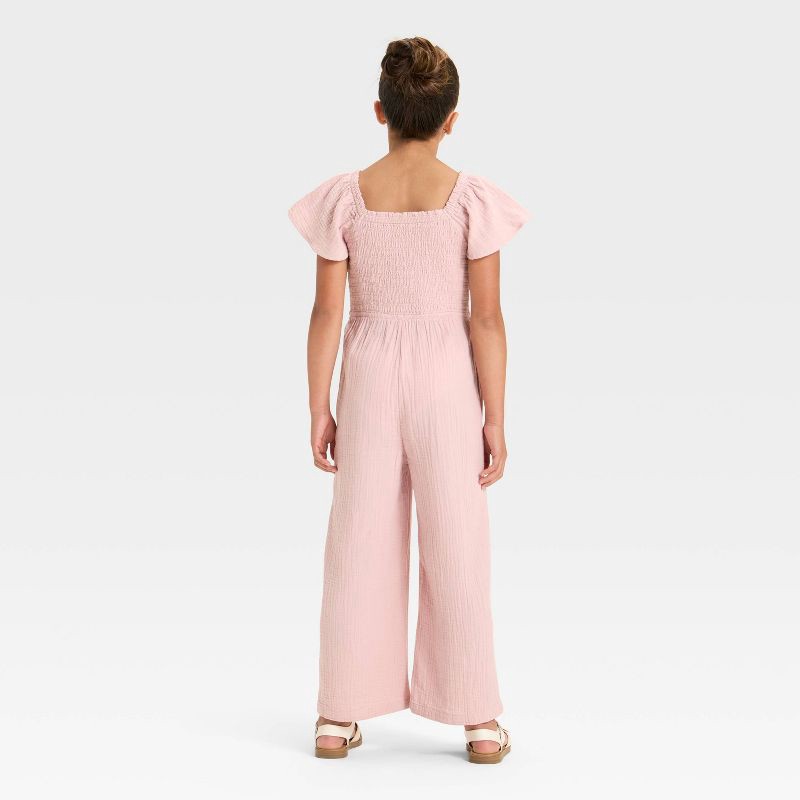 slide 3 of 3, Girls' Flutter Sleeve Smocked Jumpsuit - Cat & Jack™ Light Mauve L, 1 ct