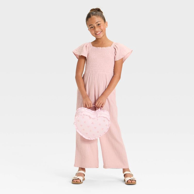 slide 2 of 3, Girls' Flutter Sleeve Smocked Jumpsuit - Cat & Jack™ Light Mauve L, 1 ct
