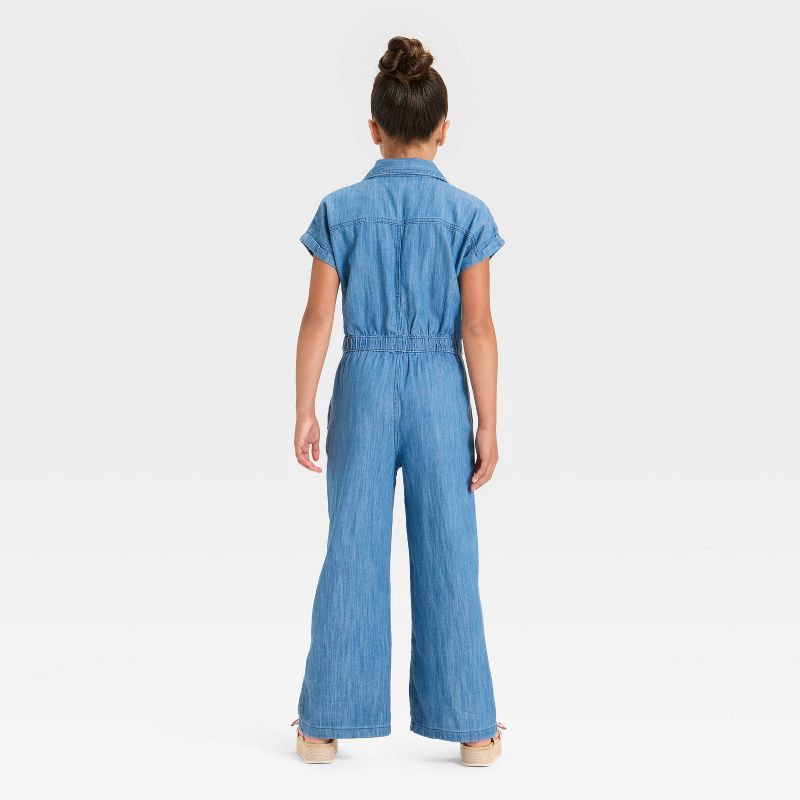 slide 2 of 3, Girls' Short Sleeve Jumpsuit - Cat & Jack™ Blue Denim M, 1 ct