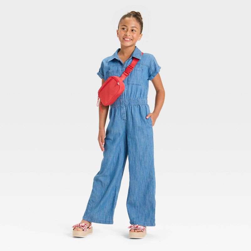slide 3 of 3, Girls' Short Sleeve Jumpsuit - Cat & Jack™ Blue Denim M, 1 ct