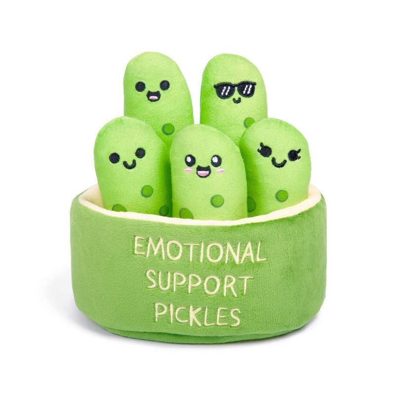 slide 1 of 9, What Do You Meme? Emotional Support Pickles Stuffed Animal: Novelty Polyester Plush Toy, Food-Themed, 5"x6", 1 ct