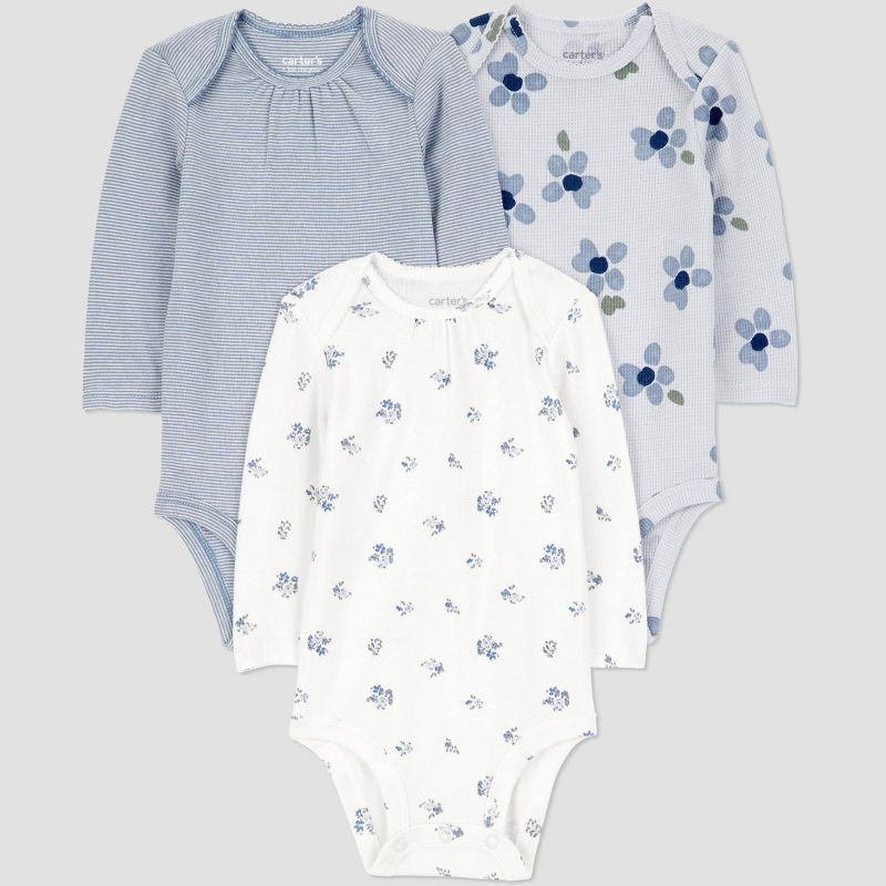 slide 1 of 5, Carter's Just One You® Baby Girls' 3pk Floral Long Sleeve Bodysuit - Blue 12M, 3 ct