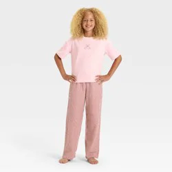 Girls' Bear Short Sleeve T-Shirt and Flannel Pants Pajama Set - art class™ Pink M