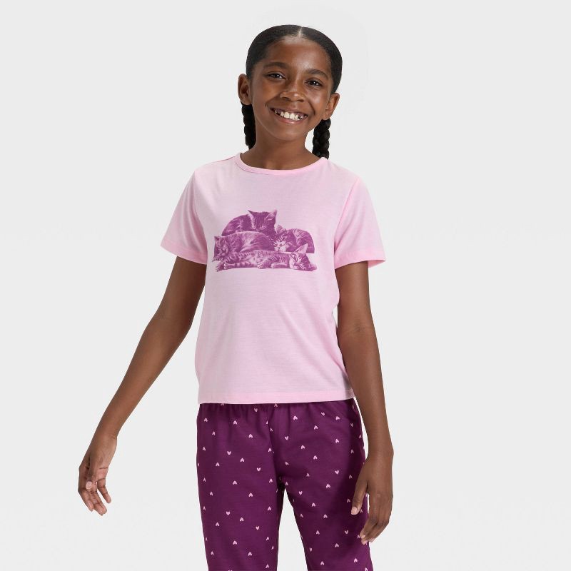 slide 3 of 4, Girls' Short Sleeve Graphic T-Shirt and Pants Pajama Set - Cat & Jack™ Pink M, 1 ct
