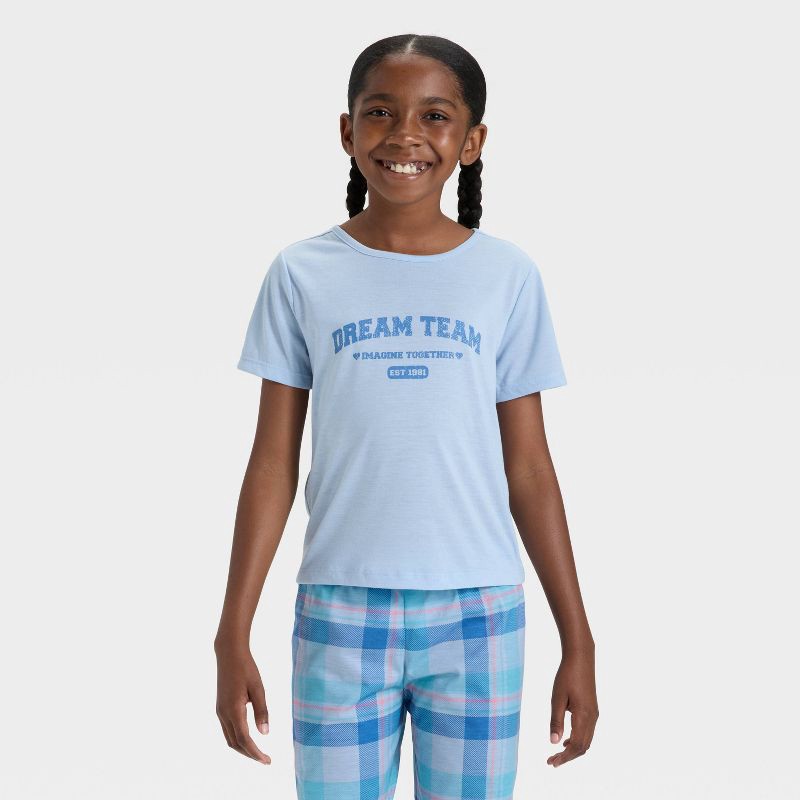 slide 3 of 4, Girls' Short Sleeve Graphic T-Shirt and Pants Pajama Set - Cat & Jack™ Blue S, 1 ct