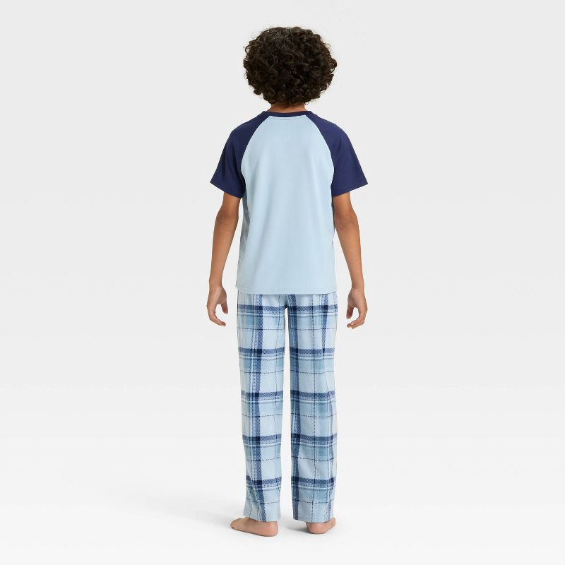slide 3 of 4, Boys' Short Sleeve T-Shirt and Plaid Fleece Pants Pajama Set - Cat & Jack™ Blue M, 1 ct