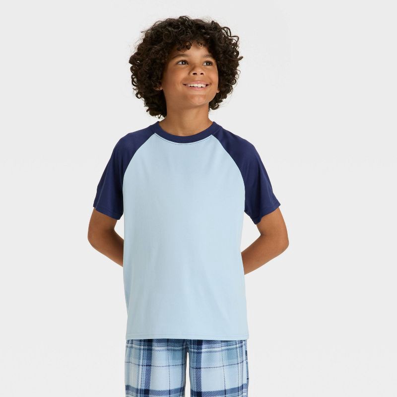 slide 2 of 4, Boys' Short Sleeve T-Shirt and Plaid Fleece Pants Pajama Set - Cat & Jack™ Blue M, 1 ct