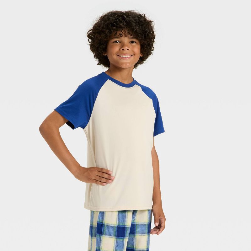 slide 2 of 4, Boys' Short Sleeve T-Shirt and Plaid Fleece Pants Pajama Set - Cat & Jack™ Cream/Blue XL, 1 ct