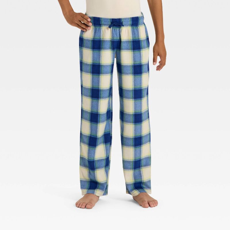 slide 4 of 4, Boys' Short Sleeve T-Shirt and Plaid Fleece Pants Pajama Set - Cat & Jack™ Cream/Blue XL, 1 ct