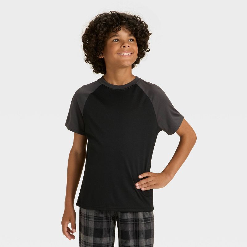 slide 2 of 4, Boys' Short Sleeve T-Shirt and Plaid Fleece Pants Pajama Set - Cat & Jack™ Black L, 1 ct