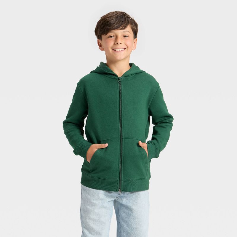 slide 1 of 3, Boys' Fleece Zip-Up Hooded Sweatshirt - Cat & Jack™ Dark Green L, 1 ct