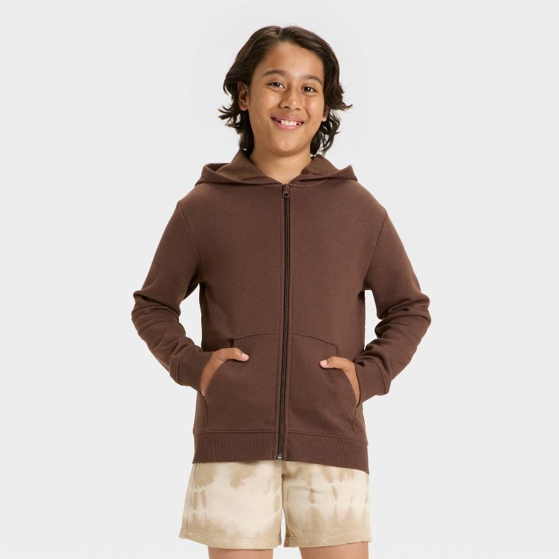 slide 1 of 3, Boys' Fleece Zip-Up Hooded Sweatshirt - Cat & Jack™ Brown M, 1 ct
