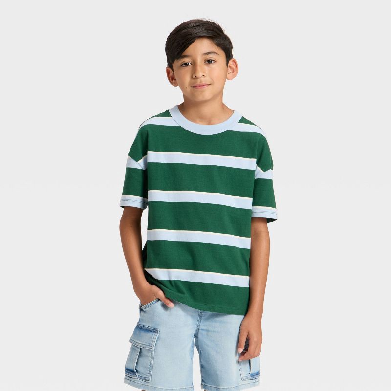 slide 1 of 3, Boys' Short Sleeve Striped Oversized T-Shirt - Cat & Jack™ Dark Green S, 1 ct