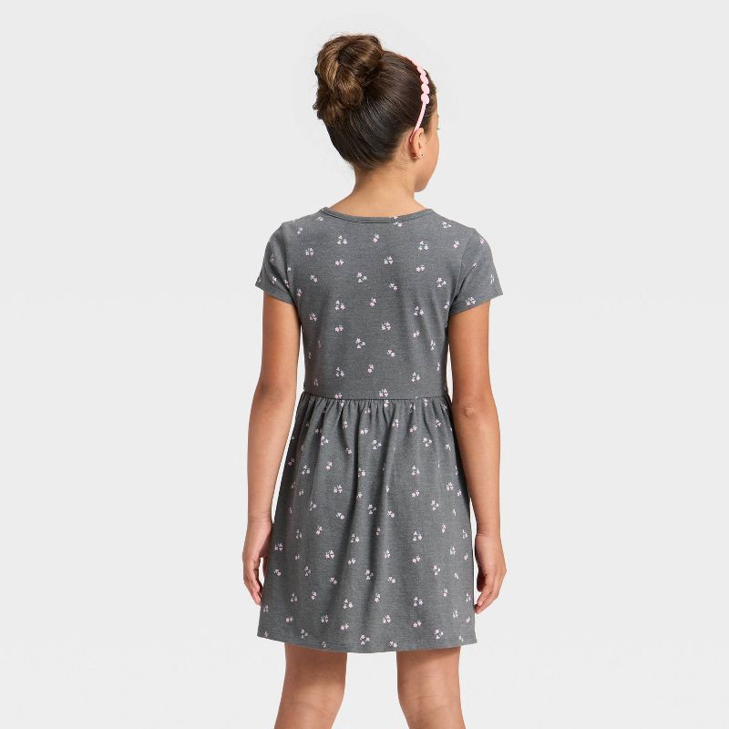 slide 2 of 3, Girls' Short Sleeve 'Floral' Printed Knit Dress - Cat & Jack™ Charcoal Gray M, 1 ct