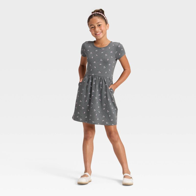 slide 3 of 3, Girls' Short Sleeve 'Floral' Printed Knit Dress - Cat & Jack™ Charcoal Gray M, 1 ct