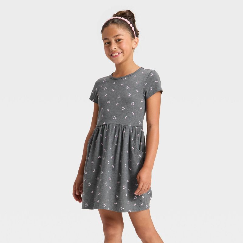 slide 1 of 3, Girls' Short Sleeve 'Floral' Printed Knit Dress - Cat & Jack™ Charcoal Gray M, 1 ct