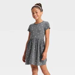Girls' Short Sleeve 'Floral' Printed Knit Dress - Cat & Jack™ Charcoal Gray M