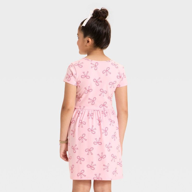 slide 2 of 3, Girls' Short Sleeve 'Bow' Printed Knit Dress - Cat & Jack™ Pink XS, 1 ct