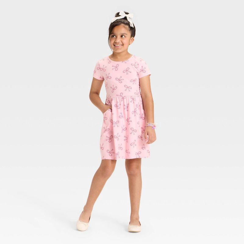 slide 3 of 3, Girls' Short Sleeve 'Bow' Printed Knit Dress - Cat & Jack™ Pink XS, 1 ct
