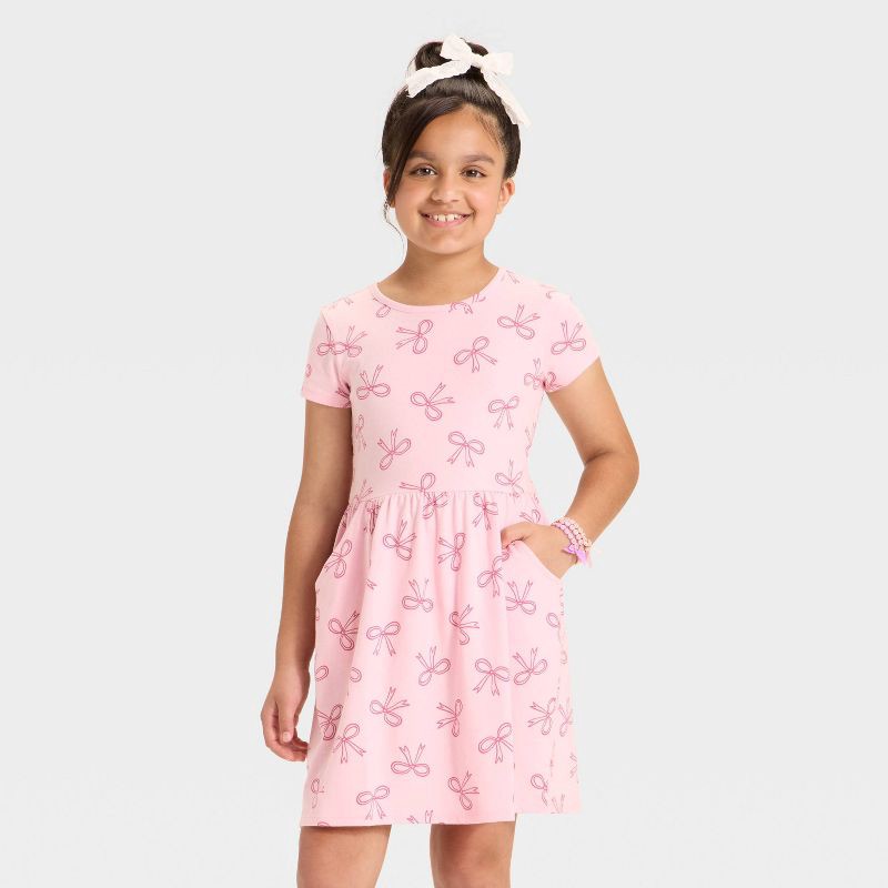 slide 1 of 3, Girls' Short Sleeve 'Bow' Printed Knit Dress - Cat & Jack™ Pink XS, 1 ct