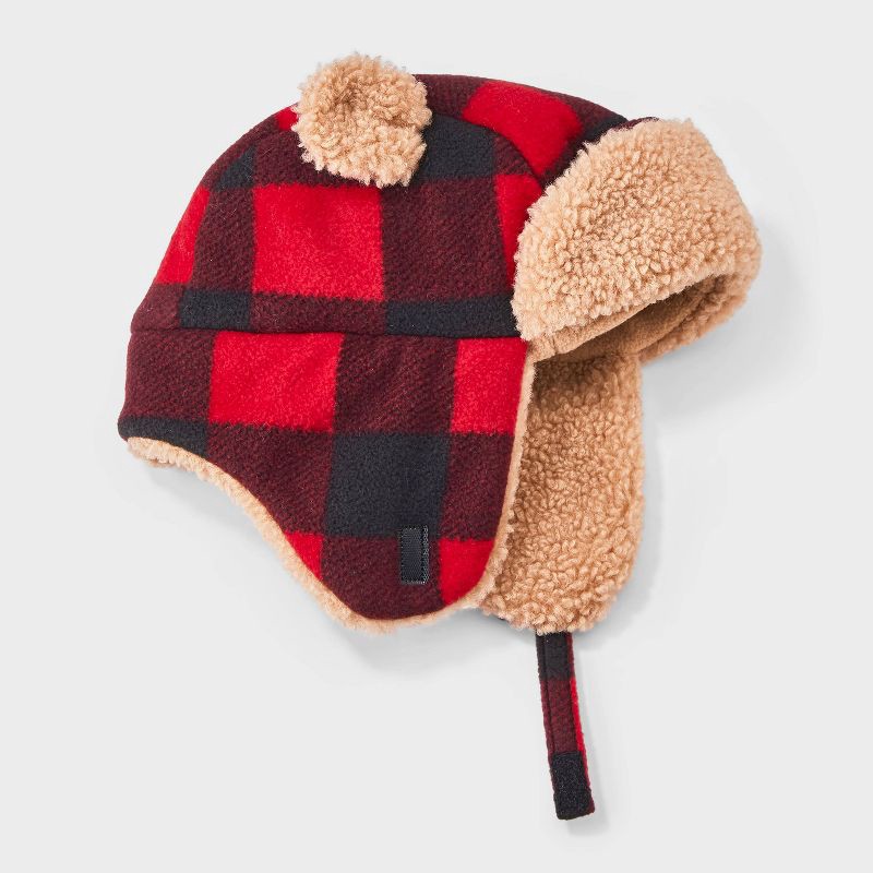 slide 2 of 3, Toddler Boys' Buffalo Check Faux Shearling Trapper Hat - Cat & Jack™ Red 2T-5T, 1 ct