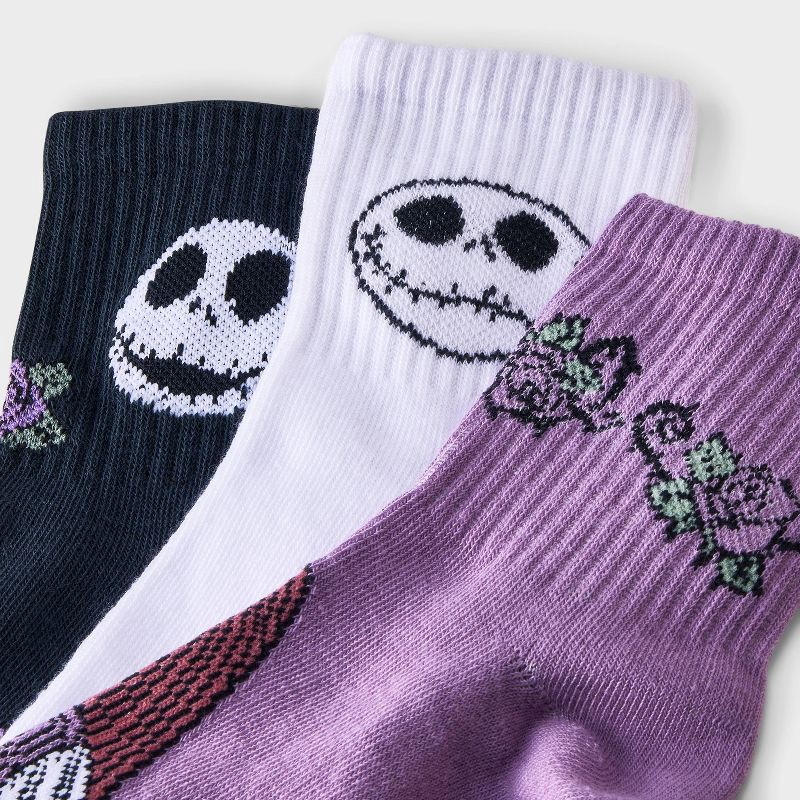 slide 3 of 3, The Nightmare Before Christmas Women's Nightmare Before Christmas 3pk Mid Crew Socks - Black/White/Purple 4-10, 3 ct